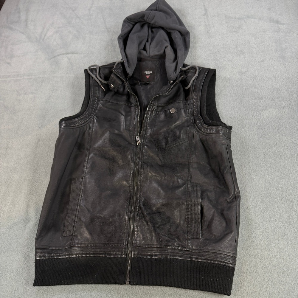 Guess Mens Faux Leather Hooded Vest Black Full Zip Ribbed Hem Size Medium
